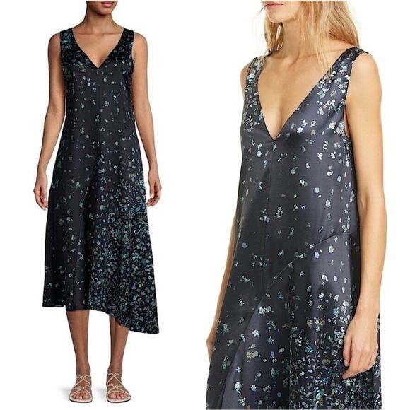 Vince Floral Asymmetrical Shift Dress Satin V-Neck Sleeveless Midi Flowy Black - Picture 1 of 16
